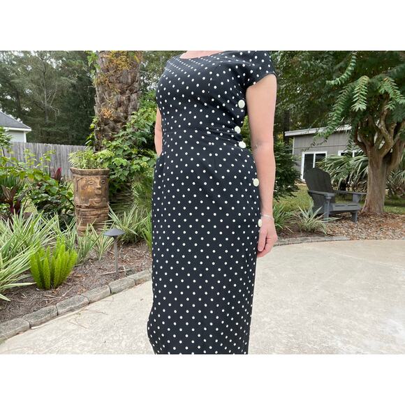Vintage 90's Just Jacalyn Polka Dot Side Button Midi Dress - Picture 2 of 10